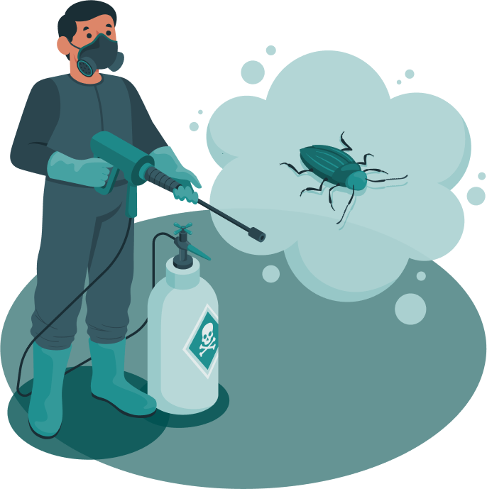 Ilustracja przedstawiająca zwalczanie pluskiew przez dezynsektora środkiem chemicznym