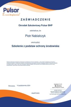Zaświadczenie ukończenia szkolenia pt. 'Szkolenie z podstaw ochrony środowiska'