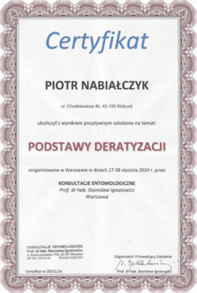 Certyfikat ukończenia szkolenia pt. 'Podstawy deratyzacji'