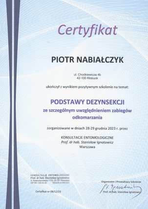 Certyfikat ukończenia szkolenia pt. 'Podstawy dezynsekcji ze szczególnym uwzględnieniem zabiegów odkomarzania'