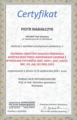 Certyfikat ukończenia szkolenia o ochronie obiektów przemysłu spożywczego przed szkodnikami
