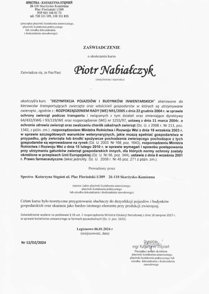 Zaświadczenie ukończenia kursu pt. 'Dezynfekcja pojazdów i budynków inwentarskich'
