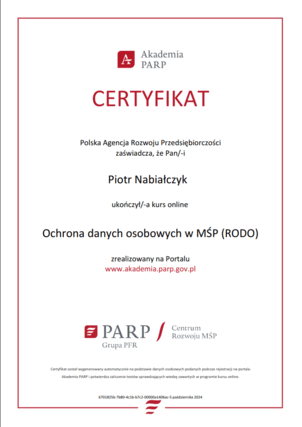 Certyfikat ukończenia kursu online pt. 'Ochrona danych osobowych w MŚP (RODO)', wydany przez Akademię PARP.