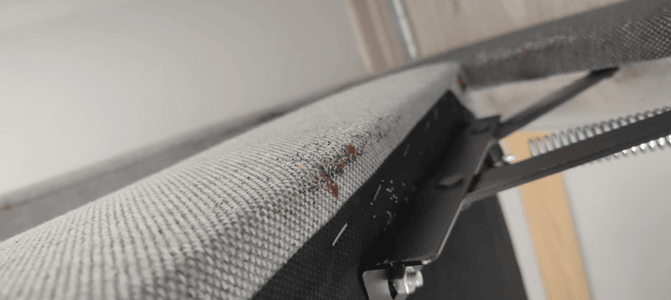 Zacieki i ślady po pluskwach na spodzie tapicerowanego łóżka – miejsce typowego żerowania i gniazdowania pluskiew.